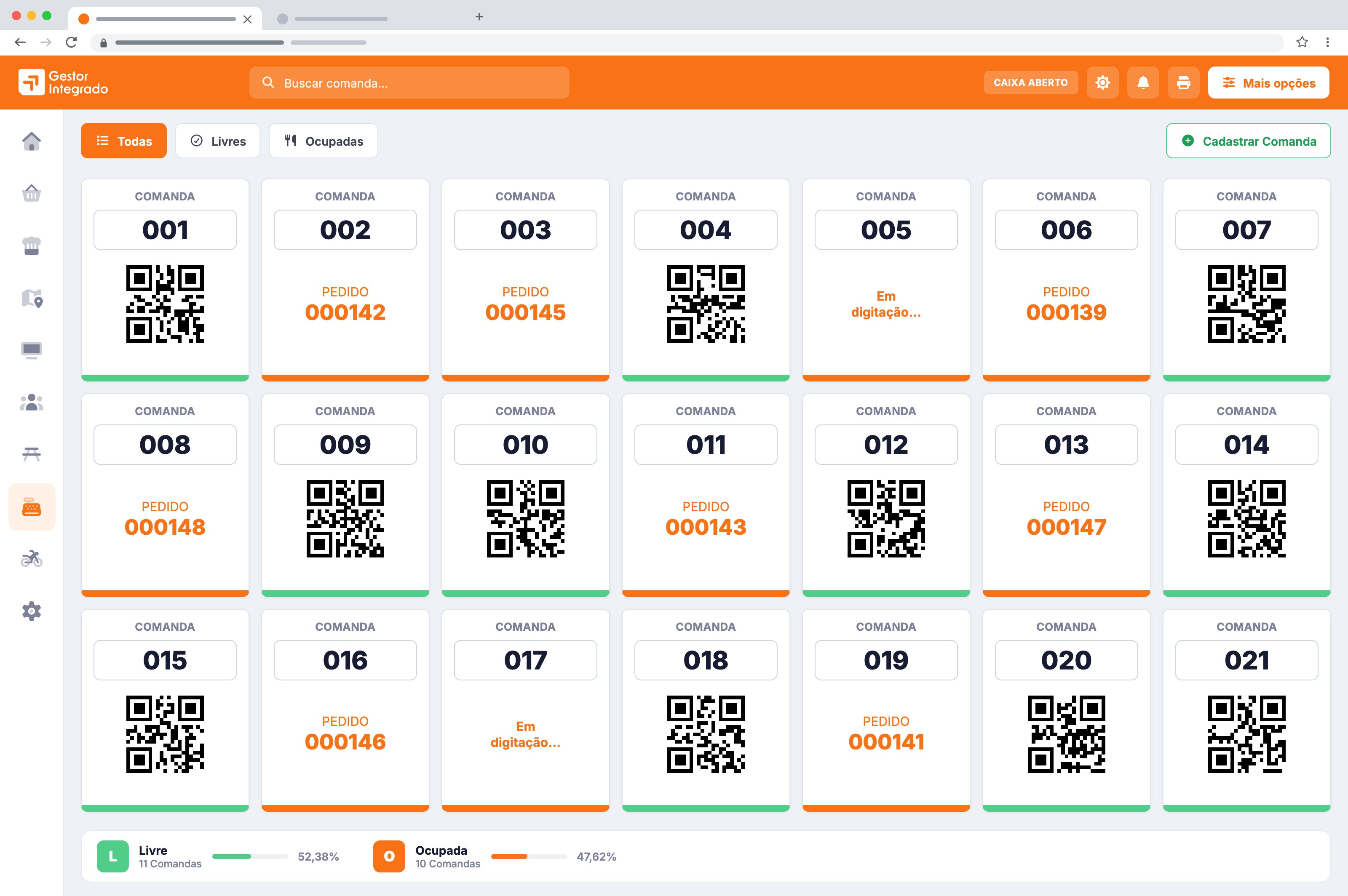 Tela de comandas numeradas: as livres com o QR Code e as ocupadas com o número do pedido