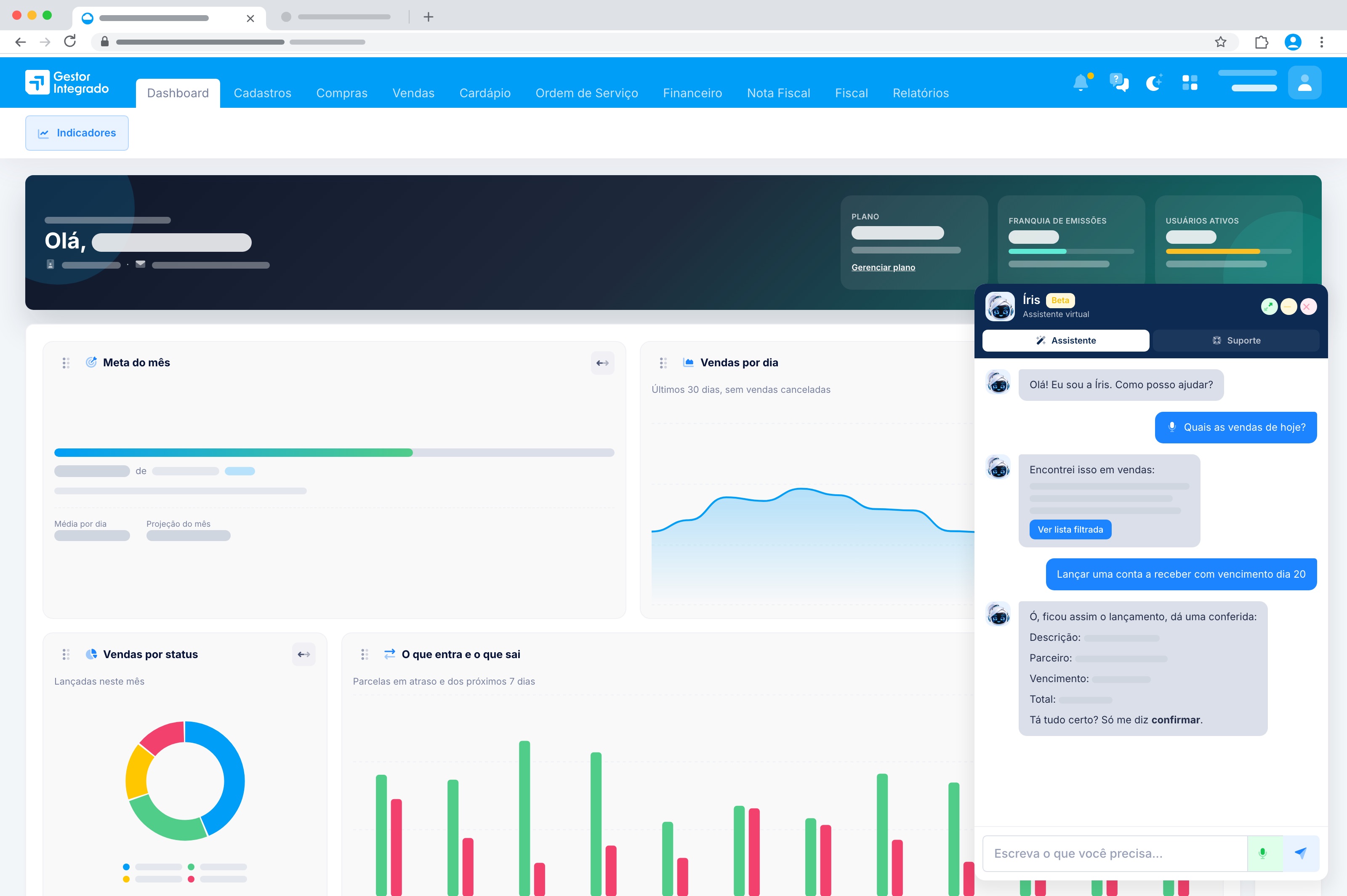 Painel do sistema com a conversa da Íris aberta, mostrando resposta com links e um lançamento para confirmar