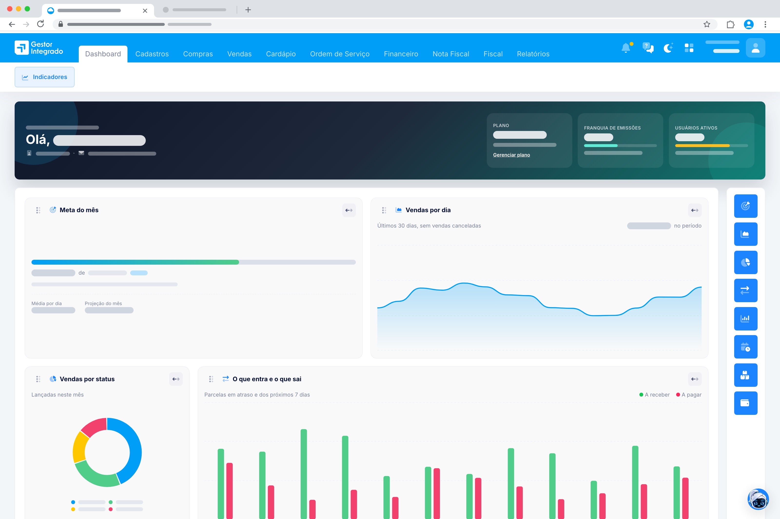 Painel do Gestor Integrado com meta do mês, vendas por dia, vendas por status e entradas e saídas