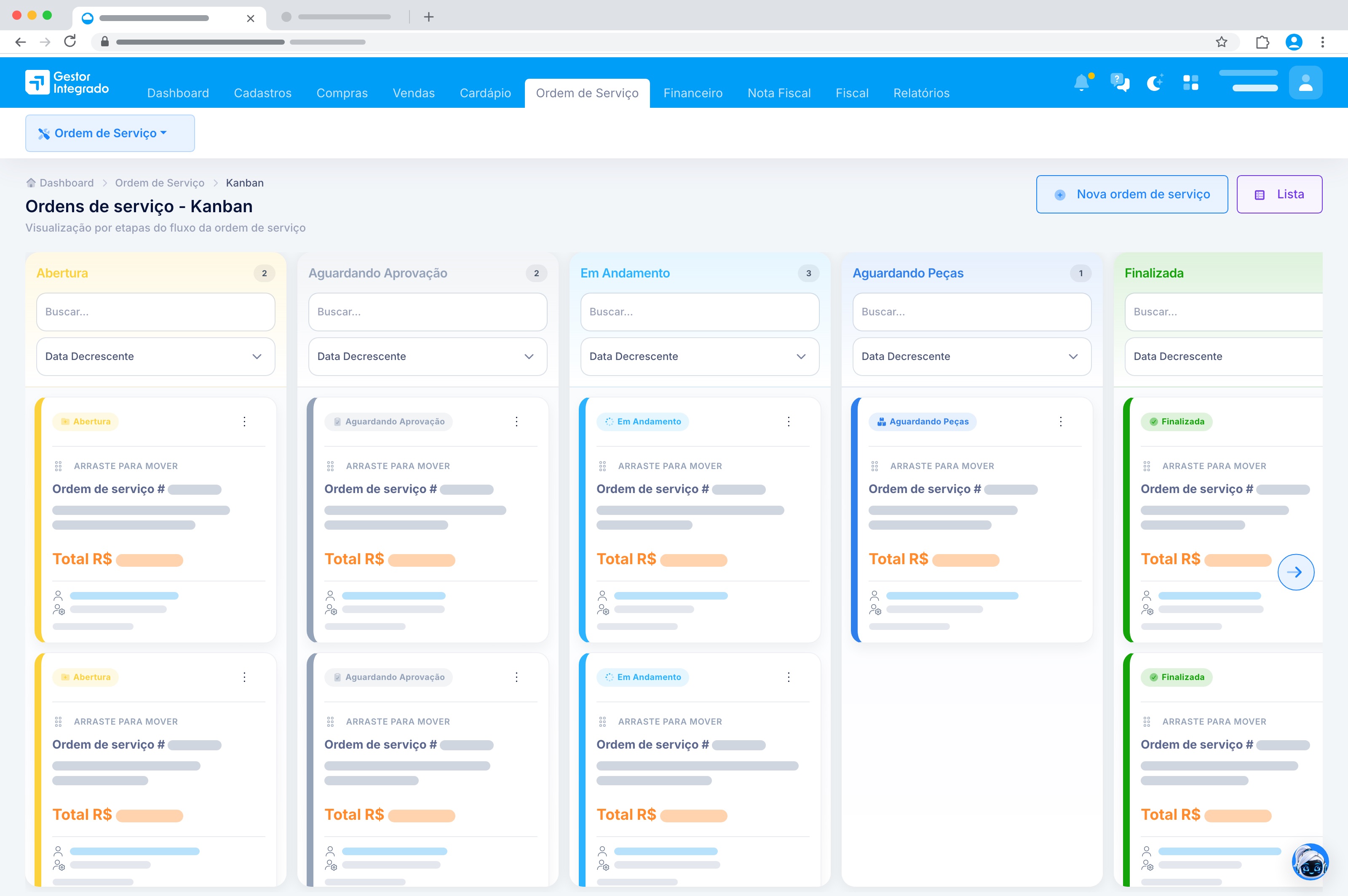 Quadro kanban de ordens de serviço com colunas por etapa