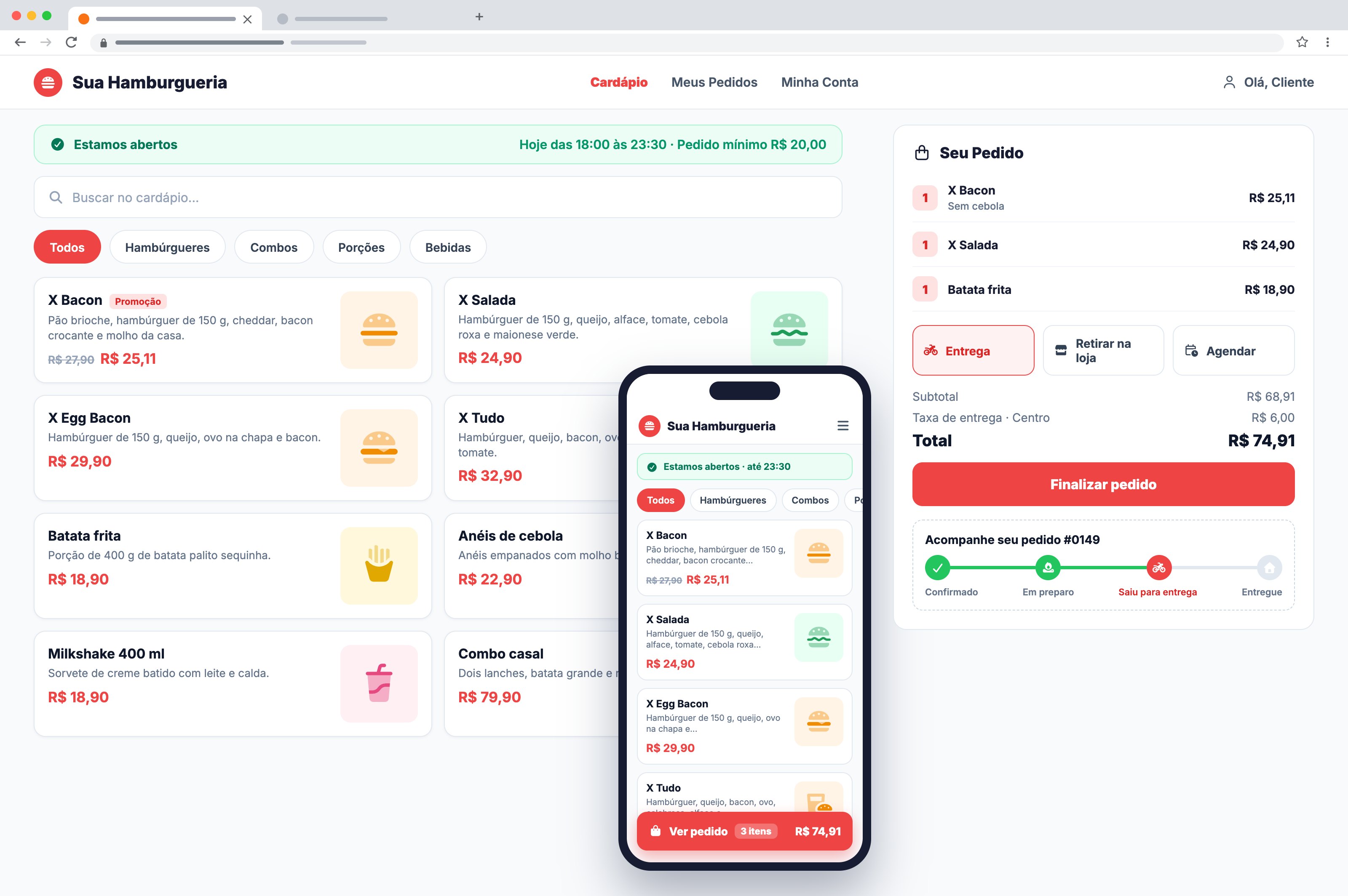 Site de pedidos com o cardápio por categoria, o pedido do cliente, o acompanhamento da entrega e a versão no celular