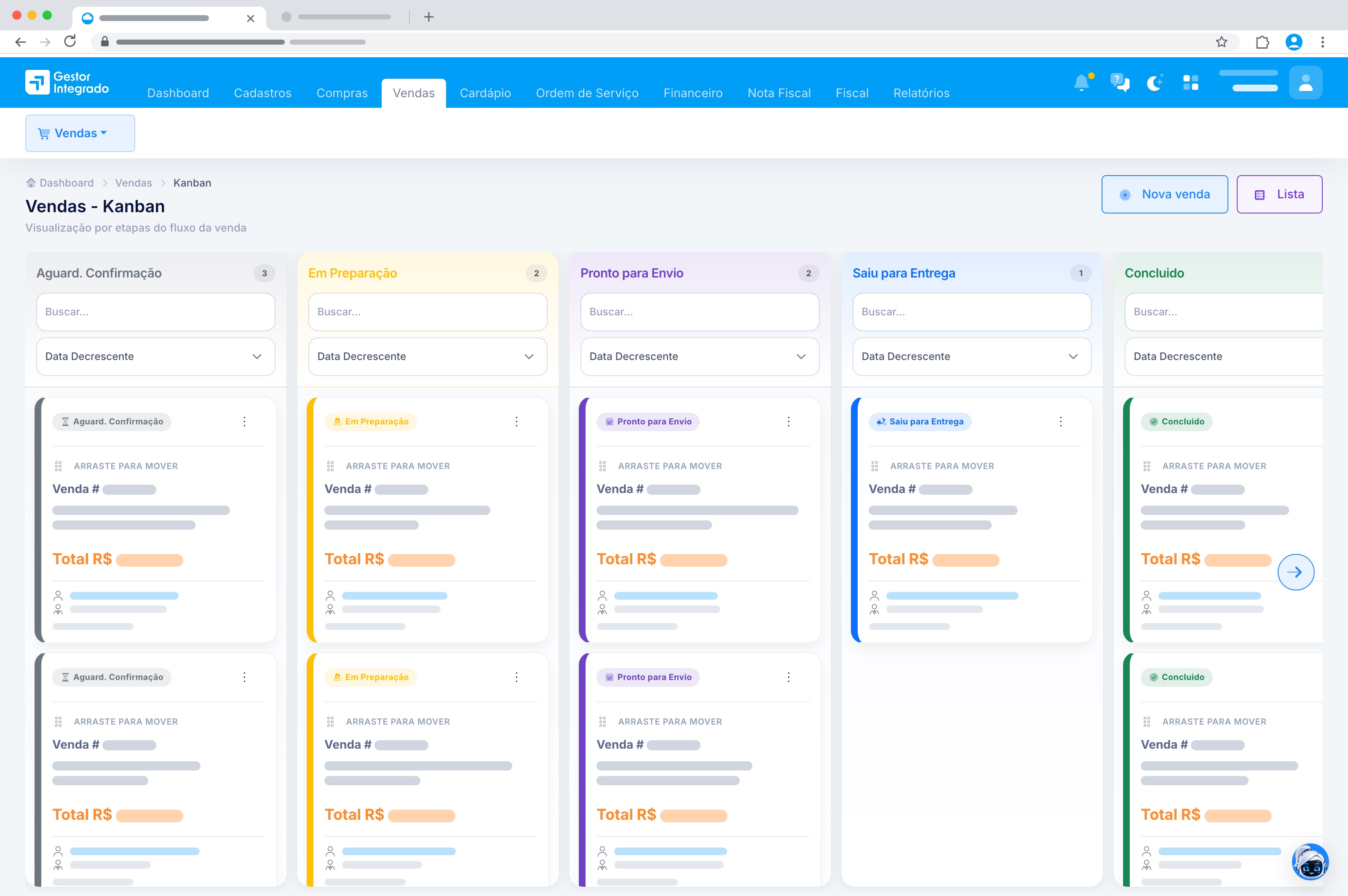 Quadro kanban de vendas com colunas por status e cartões de pedidos